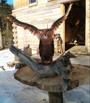 Picture copper owl on driftwood
